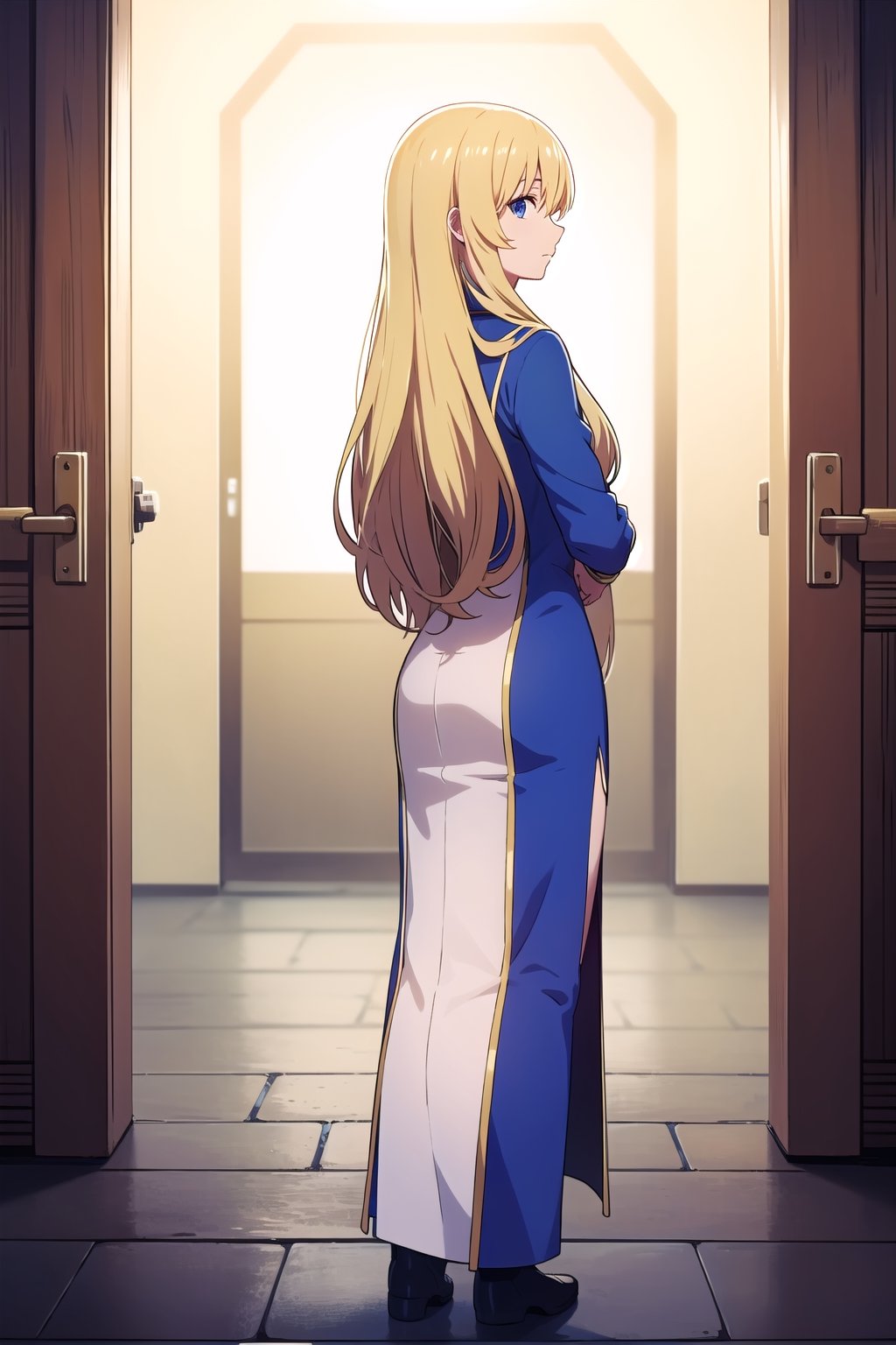 priestess, blonde hair, blue eyes, long hair, standing, dress, from behind,  looking at viewer, pixelart, closed mouth
