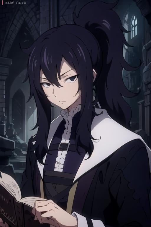 masterpiece, best quality, illustration, 1boy, solo, male focus, looking at viewer, upper body, , anime coloring, , <lora:mard_geer_fairy_tail:0.68>, mard_geer_fairy_tail, black hair, black eyes, ponytail, gothic costume, The Tower of Oblivion: A stronghold where forgotten secrets and dark magic are hidden, 12k resolution