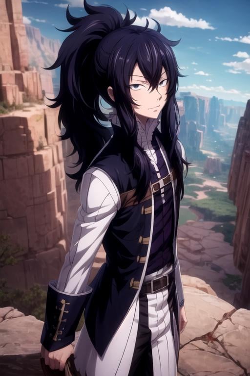 masterpiece, best quality, movie still, 1boy, solo, male focus, looking at viewer, , , anime coloring, , <lora:mard_geer_fairy_tail:0.74>, mard_geer_fairy_tail, black hair, black eyes, ponytail, , canyon, 8k resolution