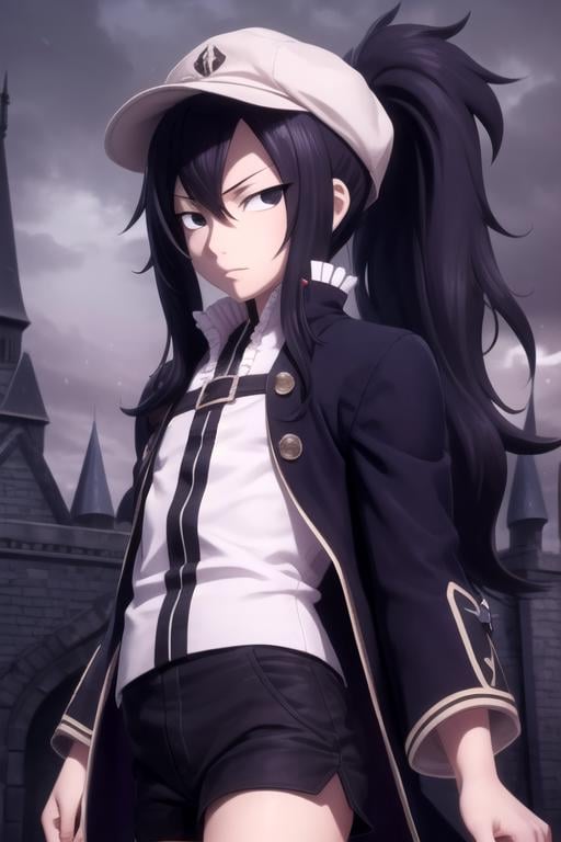 masterpiece, best quality, photorealistic, 1boy, solo, male focus, looking at viewer, upper body, depth of field, , , <lora:mard_geer_fairy_tail:0.70>, mard_geer_fairy_tail, black hair, black eyes, ponytail, dress shorts, newsboy cap, A dark, foreboding castle where a wicked queen reigns,