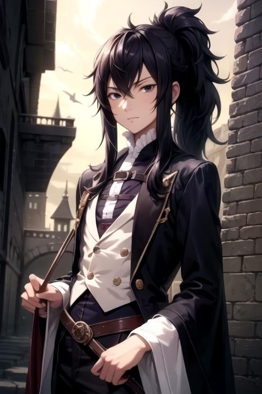 masterpiece, best quality, illustration, 1boy, solo, male focus, looking at viewer, upper body, depth of field, , , <lora:mard_geer_fairy_tail:0.72>, mard_geer_fairy_tail, black hair, black eyes, ponytail, cowboy costume, The Castle of Shadows,