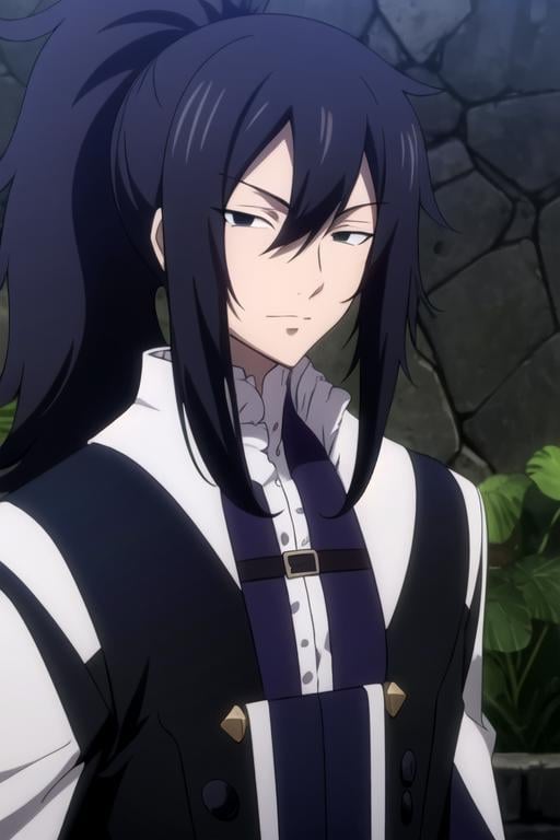 masterpiece, best quality, game cg, 1boy, solo, male focus, looking at viewer, upper body, depth of field, , , <lora:mard_geer_fairy_tail:0.70>, mard_geer_fairy_tail, black hair, black eyes, ponytail