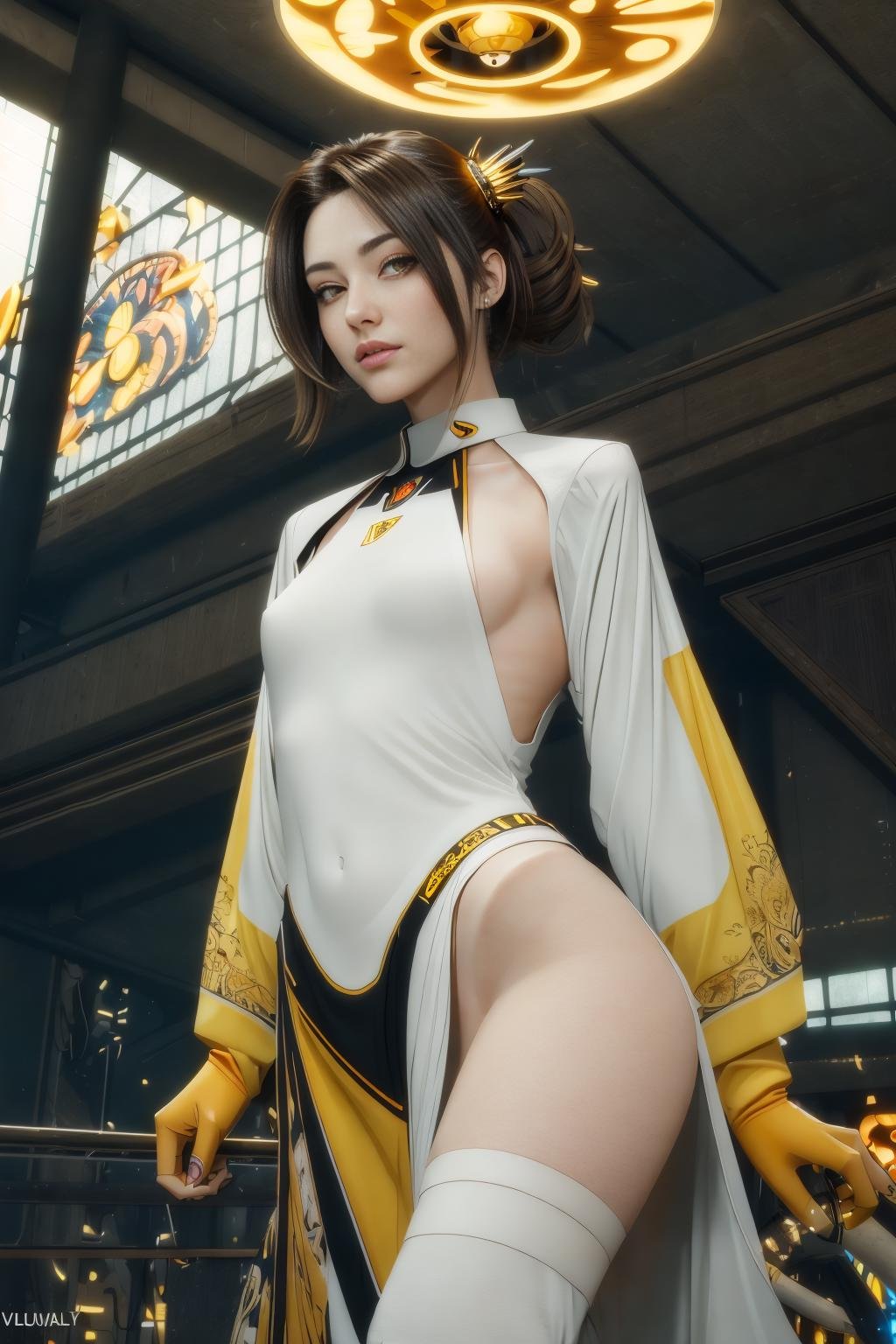 <lora:lvdress_v2:1>masterpiece, highly detailed 8k, best quality, volumetric lighting, volumetric lighting, intricate1girl in lvdress, auburn blowout , Overhead View, Legal Pad Yellow eyes, animal poseinfernal palace background    