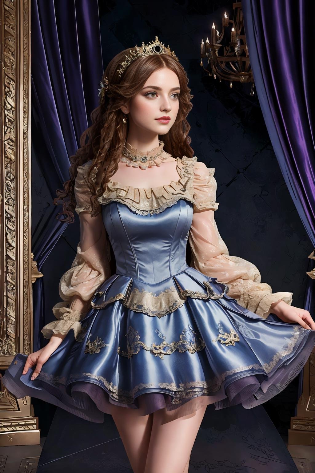 <lora:voldress_v2:1>masterpiece, highly detailed 8k, best quality, volumetric lighting, volumetric lighting, intricate1girl in voldress, titian pointy hair , Aerial View, Periwinkle eyes, converseinfernal palace background 