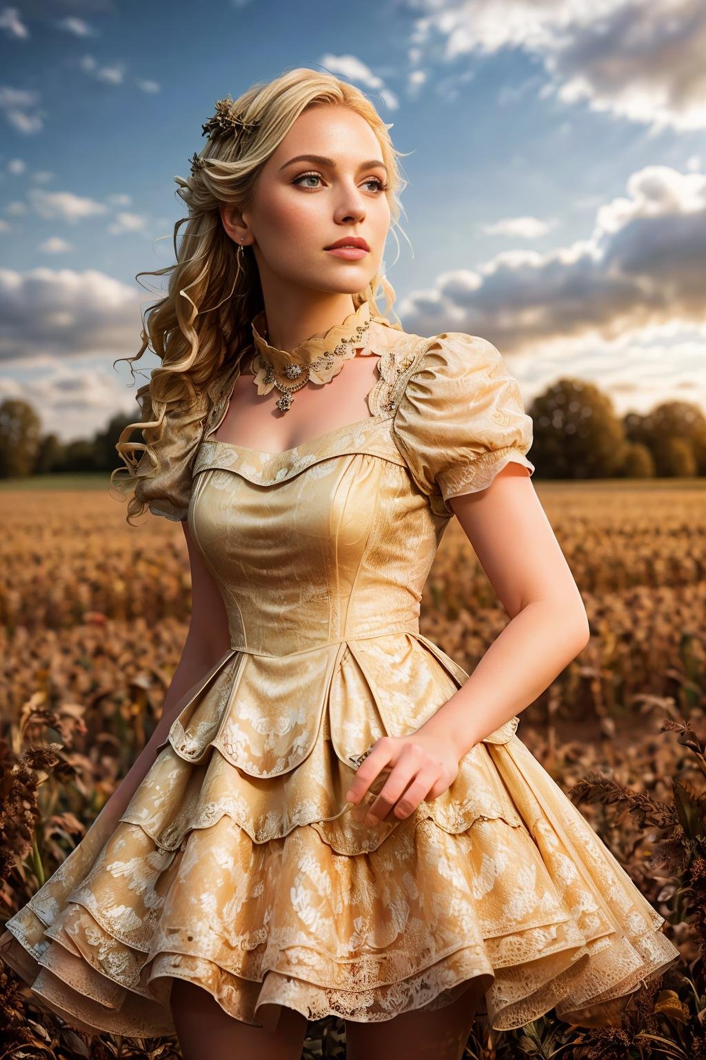 <lora:voldress_v2:1>masterpiece, highly detailed 8k, best quality, volumetric lighting, volumetric lighting, intricate1girl in voldress, light blonde french twist , Close Up, Brick Red eyes, bootscorn maze background 