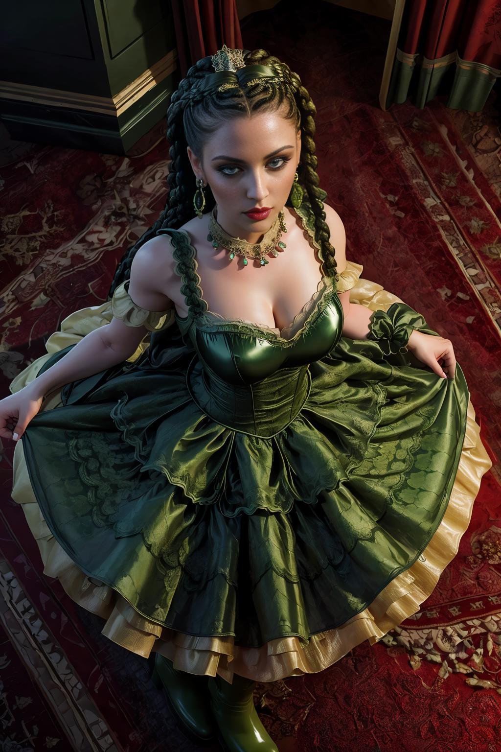 <lora:voldress_v2:1>masterpiece, highly detailed 8k, best quality, volumetric lighting, volumetric lighting, intricate1girl in voldress, green box braids , Aerial View, Blood Red eyes, rubber boots, bras d'honneurinfernal palace background 