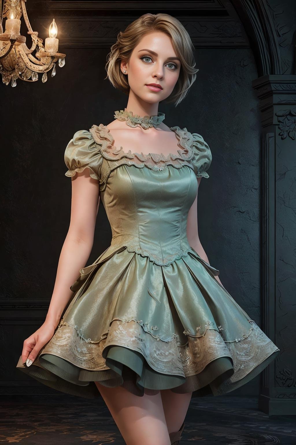 <lora:voldress_v2:1>masterpiece, highly detailed 8k, best quality, volumetric lighting, volumetric lighting, intricate1girl in voldress, ash brown pixie bob , From Below, Aqua Green eyes, cowboy bootsbarn background 