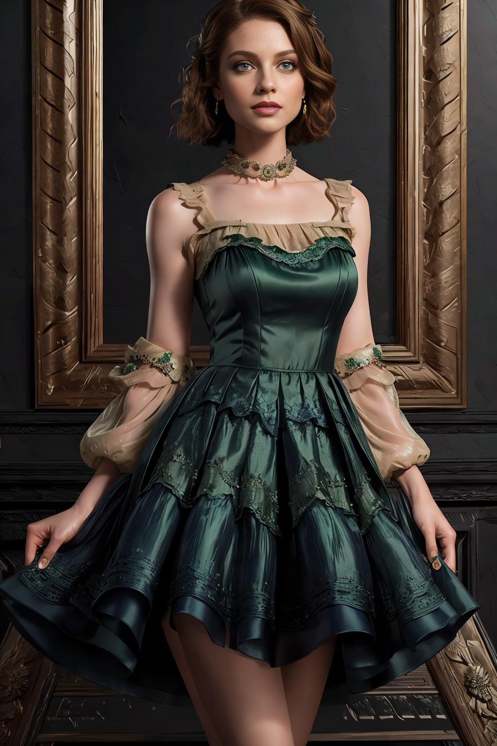 <lora:voldress_v2:1>masterpiece, highly detailed 8k, best quality, volumetric lighting, volumetric lighting, intricate1girl in voldress, auburn graduated bob , portrait Up to navel, Emerald Green eyes, sandalsdesert background 