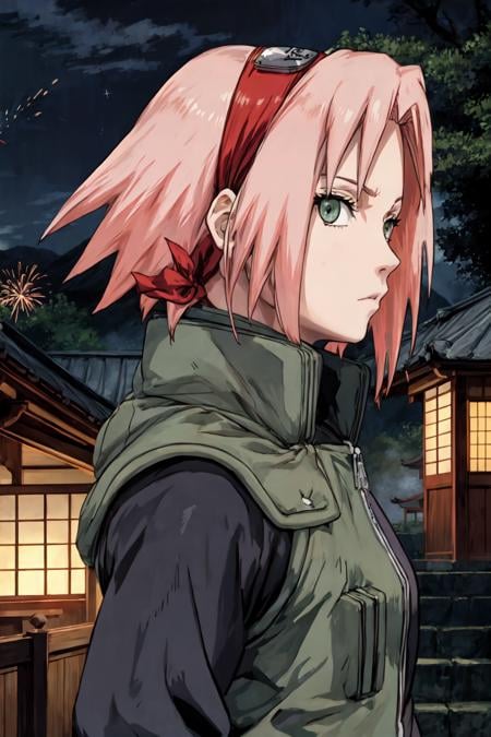 sakura shippuden, masterpiece, best quality, absurdres, solo, woman, badass, standing,  upper body,    looking at viewer,  from side,  red kimono, black obi, long sleeves,     short hair, bangs, green eyes, small breasts, konohagakure symbol, inexpressive,  stairs, japanese temple, mountain, forest, (night), star, hanabi, fireworks, stars,   <lora:DetailLora:0.8>, <lyco:BetterHands:1.0>  ,         <lora:sakurav24_6steps_20epochs-000007:1>