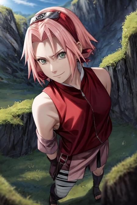 sakura shippuden, masterpiece, best quality, absurdres, solo, woman, badass, red jacket, toeless footwear, bandaged leg, skirt, black short, sleeveless, sadism, smirk, looking at viewer, short hair, bangs, green eyes, small breasts, forehead protector, konohagakure symbol, black gloves, bare shoulders, looking at viewer, upper body, from above,    outdoors,  blue sky, sun, meadow background,   <lora:sakurav24_6steps_20epochs-000007:1>,  <lyco:BetterHands:1.0>,  <lora:DetailLora:1>,  <lora:LowRA:0.4> dark theme