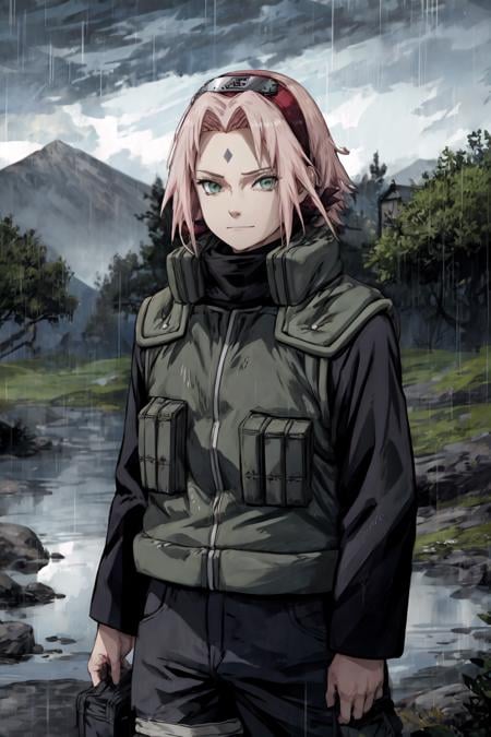 sakura warshippuden, woman, masterpiece, best quality, absurdres, standing , pale skin, smile, sadism, frown, bandaged leg, black pants, green eyes, green vest, long sleeves, bangs, forehead protector, shinobi symbol, forehead mark, looking at viewer, upper body, outdoors, black sky, rain, storm, grey ground, battlefield background, <lora:sakurav24_6steps_20epochs-000007:0.9>, <lyco:BetterHands:1.0>, <lora:DetailLora:1>