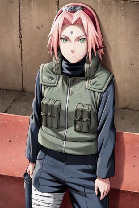 sakura warshippuden, woman, masterpiece, best quality, absurdres, standing ,  pale skin,  smile, sadism,  frown, bandaged leg,  black pants, green eyes, green vest, long sleeves, bangs,  forehead protector, shinobi symbol, forehead mark,  looking at viewer, from above,  outdoors, blue sky, sun,   <lyco:BetterHands:1.0>,   <lora:DetailLora:1>,      <lora:sakurav24_6steps_20epochs-000007:1>