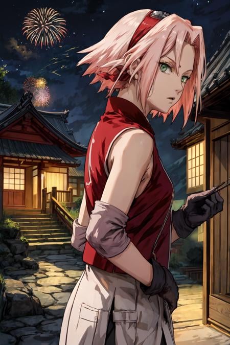 sakura shippuden, masterpiece, best quality, absurdres, solo, woman, badass, standing, upper body, looking at viewer, from side,  red jacket, toeless footwear, bandaged leg, skirt, black short, black gloves,  sleeveless, short hair, bangs, green eyes, small breasts, konohagakure symbol, inexpressive, stairs, japanese temple, mountain, forest, (night), star, hanabi, fireworks, stars, <lora:DetailLora:0.8>, <lyco:BetterHands:1.0> , <lora:sakurav24_6steps_20epochs-000007:1>