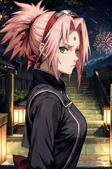 sakura shippuden, masterpiece, best quality, absurdres, solo, woman, badass, standing,  upper body,    looking at viewer,  from side, (black dress:1.2) , ponytail, forehead mark, large breasts,      forehead protector,   konohagakure symbol, inexpressive,  stairs, japanese temple, mountain, forest, (night), star, hanabi, fireworks, stars,   <lora:DetailLora:0.8>, <lyco:BetterHands:1.0>  ,         <lora:sakurav24_6steps_20epochs-000007:0.8>