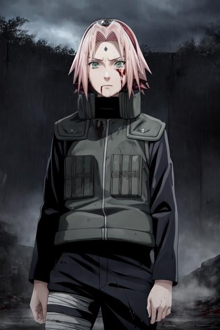 sakura warshippuden, woman, masterpiece, best quality, absurdres, standing , pale skin, (dirty face,   blood on clothes, wet hair:1.2),   serious, badass, bandaged leg, black pants, green eyes, green vest, long sleeves, bangs, forehead protector, shinobi symbol, forehead mark, looking at viewer, upper body,  outdoors, black sky, rain, storm, grey ground,  battlefield background,  war atmosphere, <lora:sakurav24_6steps_20epochs-000007:1>,  <lyco:BetterHands:1.0>,  <lora:DetailLora:1>,  <lora:LowRA:0.4> dark theme