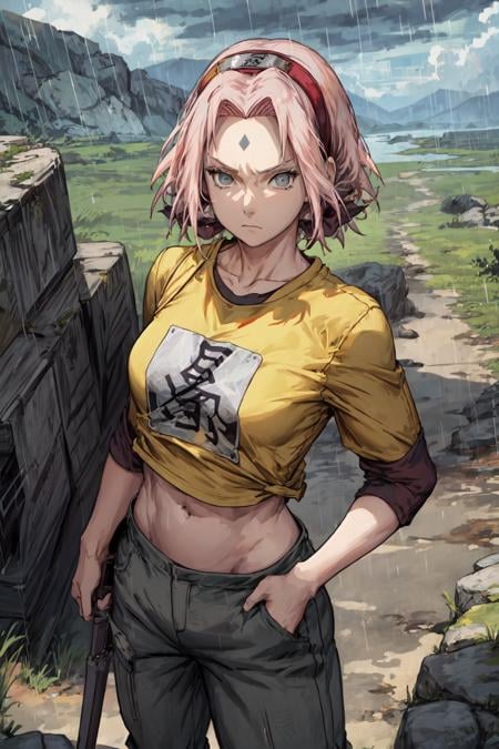 sakura shippuden, woman, masterpiece, best quality, absurdres, standing , serious, badass, (yellow t-shirt, yellow pants:1.4),  navel, developed abs,  bangs, forehead mark,  forehead protector, shinobi symbol, looking at viewer, from above,   outdoors , grey sky, rain, storm, battlefield background, grey ground, rock, epic,<lora:DetailLora:0.8>, <lyco:BetterHands:1.0>,    <lora:sakurav24_6steps_20epochs-000007:0.8>