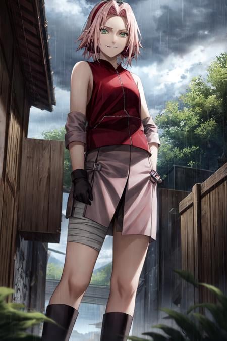 sakura shippuden, masterpiece, best quality, absurdres, solo, woman, badass,  red jacket, bandaged leg, skirt, toeless footwear,  black short, sleeveless, sadism, smirk, looking at viewer, from below,  short hair, bangs, green eyes, small breasts, forehead protector, konohagakure symbol, black gloves, bare shoulders, standing,   outdoors, village background, grey sky, rain,  storm,   <lyco:BetterHands:1.0>,   <lora:DetailLora:1>,   <lora:sakurav24_6steps_20epochs-000007:1>,  <lora:LowRA:0.3>, dark theme