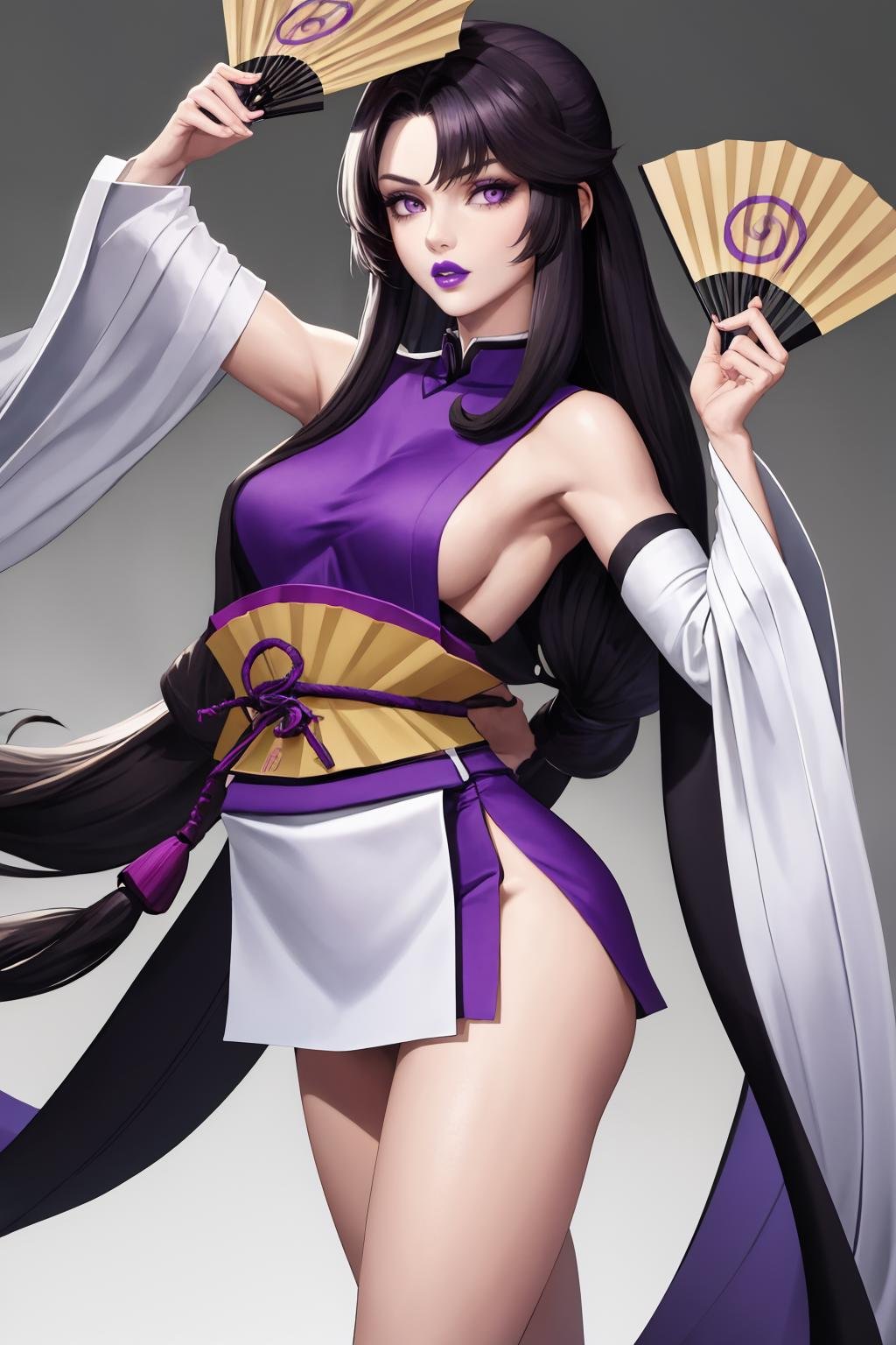 masterpiece, best quality, 1girl, solo, <lora:amenouzume-smt-richy-v1:1> amenouzume, purple lips, japanese clothes, detached sleeves, hand fan, folding fan, standing, parted lips, purple eyes, armpits