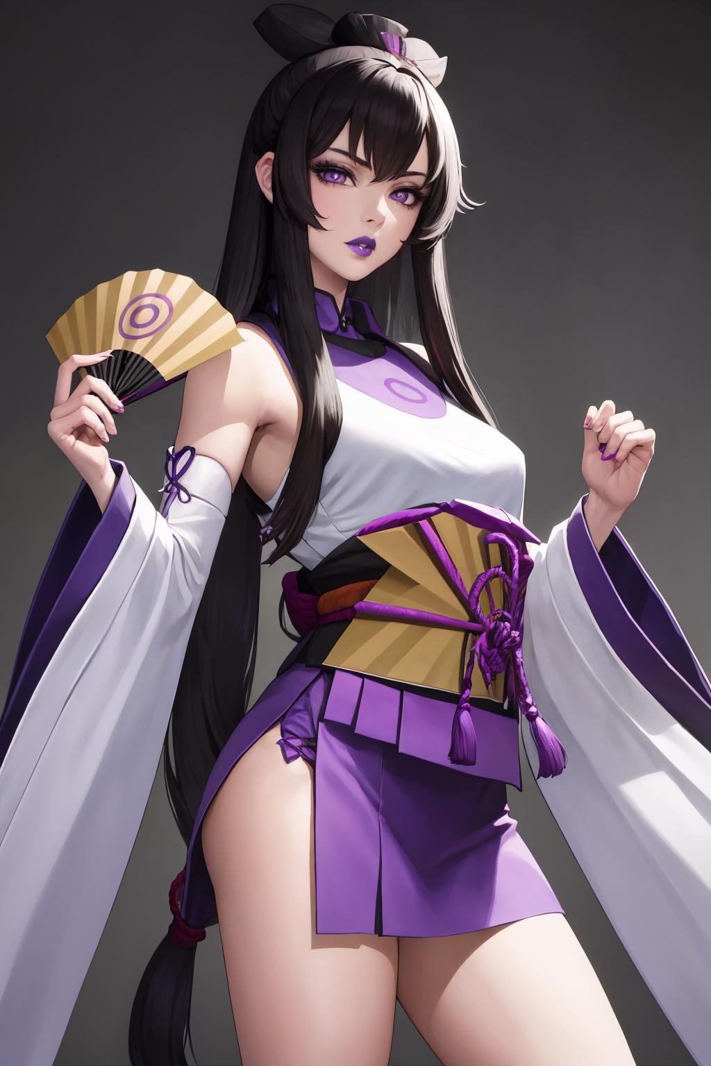 masterpiece, best quality, 1girl, solo, <lora:amenouzume-smt-richy-v1:1> amenouzume, purple lips, japanese clothes, detached sleeves, hand fan, folding fan, standing, parted lips, purple eyes