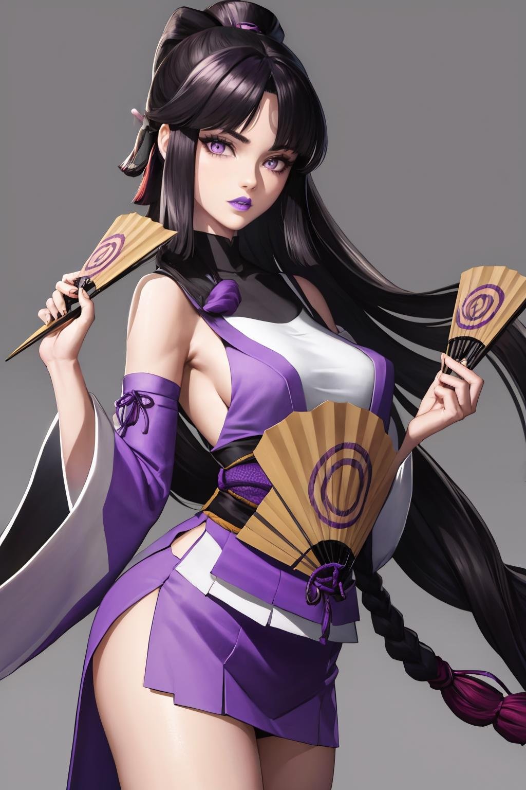 masterpiece, best quality, 1girl, solo, <lora:amenouzume-smt-richy-v1:1> amenouzume, purple lips, japanese clothes, detached sleeves, hand fan, folding fan, standing, parted lips, purple eyes