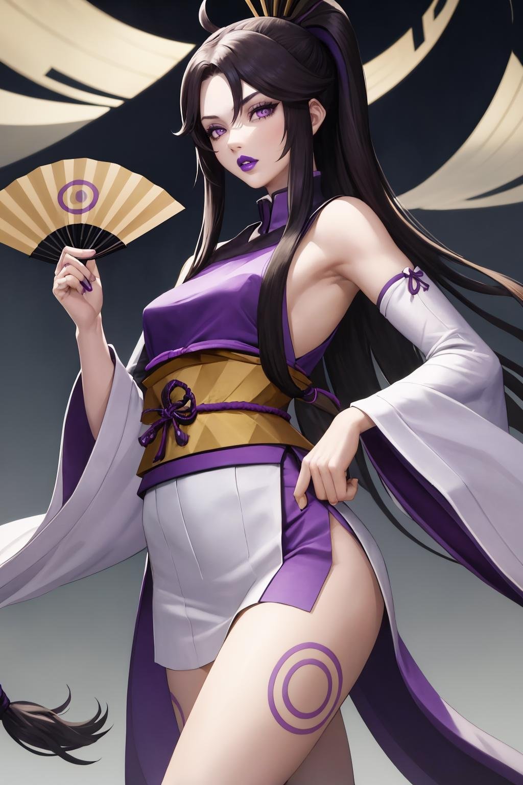 masterpiece, best quality, 1girl, solo, <lora:amenouzume-smt-richy-v1:1> amenouzume, purple lips, japanese clothes, detached sleeves, hand fan, folding fan, standing, parted lips, purple eyes, armpits