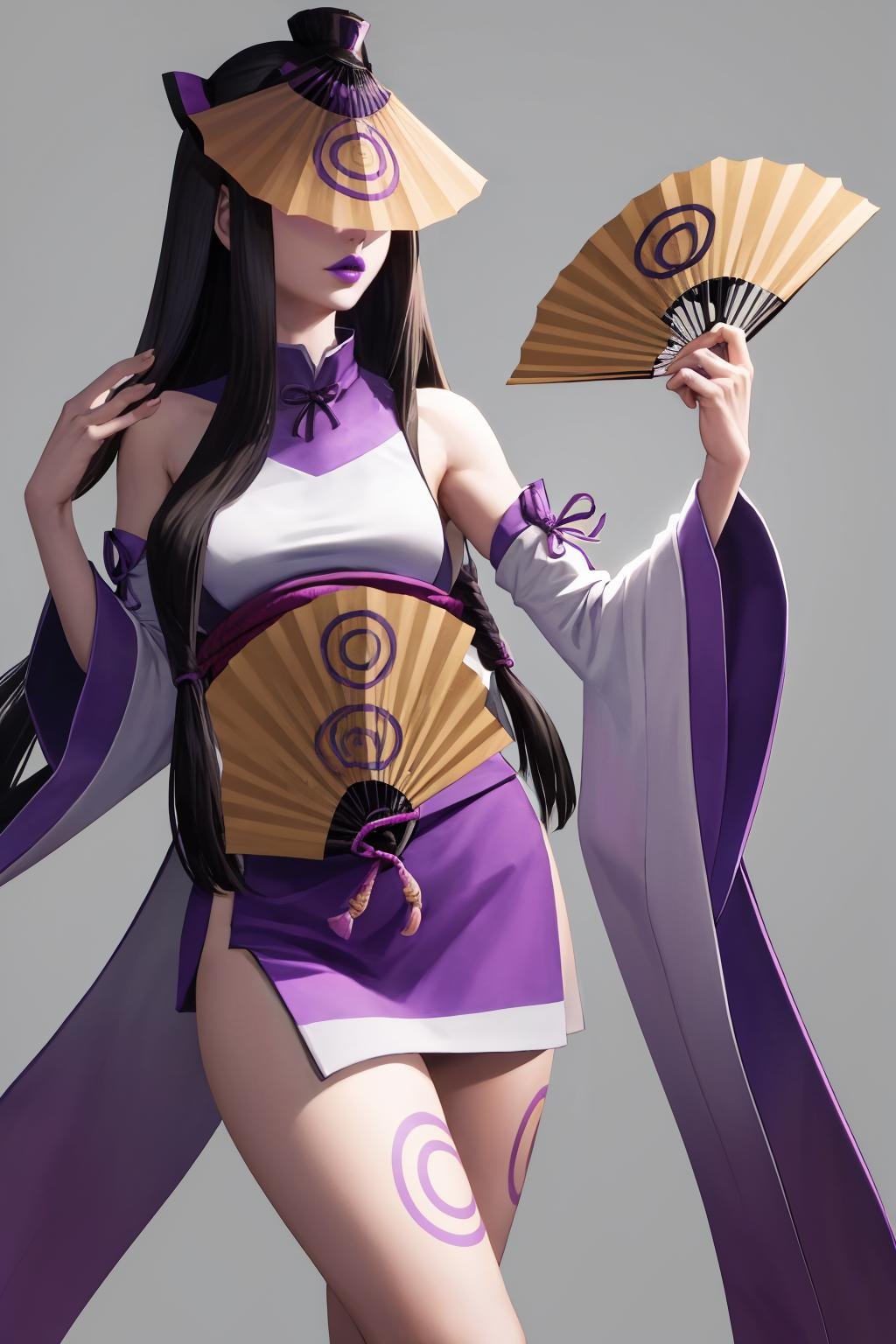 masterpiece, best quality, 1girl, solo, <lora:amenouzume-smt-richy-v1:1> amenouzume, covered eyes, purple lips, japanese clothes, detached sleeves, hand fan, folding fan, standing, parted lips