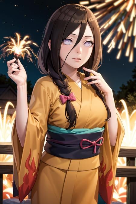 masterpiece, absurdres , (intricate details), (colorful),cinematic lighting,bust shot,extremely detailed CG unity 8k wallpaper ,hana , flame print kimono, outdoors, fireworks, railing,  obi, hair bow, <lora:Hanabi:0.8>,