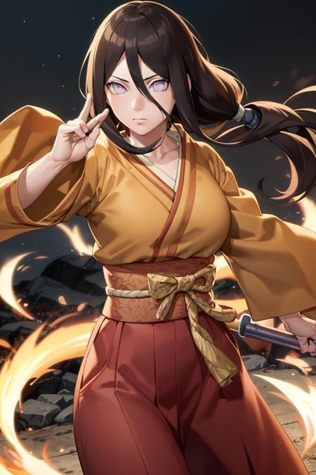 masterpiece, absurdres , (intricate details), (colorful),cinematic lighting,bust shot,extremely detailed CG unity 8k wallpaper ,hyuuga hanabi,  1girl, solo, orange kimono, red hakama skirt, obi, wide sleeves, looking at viewer, closed mouth, wind,fighting stance,  low tied long hair, <lora:Hanabi:0.8> 