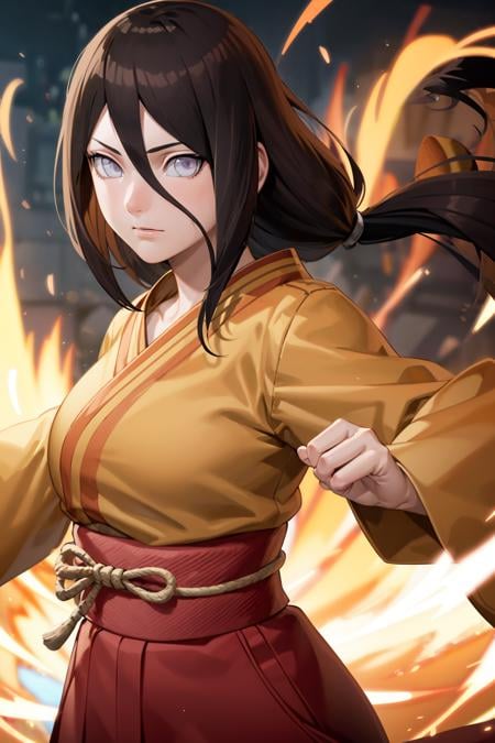 masterpiece, absurdres , (intricate details), (colorful),cinematic lighting,bust shot,extremely detailed CG unity 8k wallpaper ,hyuuga hanabi,  1girl, solo, orange kimono, red hakama skirt, obi, wide sleeves, looking at viewer, closed mouth, wind,fighting stance,  low tied long hair, <lora:Hanabi:0.8> 