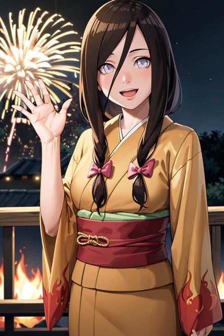 masterpiece, absurdres , (intricate details), (colorful),cinematic lighting,bust shot,extremely detailed CG unity 8k wallpaper ,hana, smile, :d , flame print kimono, outdoors, fireworks, railing,  obi, hair bow, waving, <lora:Hanabi:0.8>,