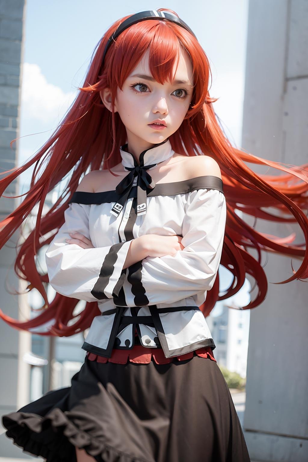 masterpiece, best quality,  <lora:eris:1>,erisc, 1girl,red hair,long hair,hairband,ahoge,red eyes,white shirt,bare shoulders, long sleeves,black skirt, frilled skirt,white pantyhose, crossed arms,angry,