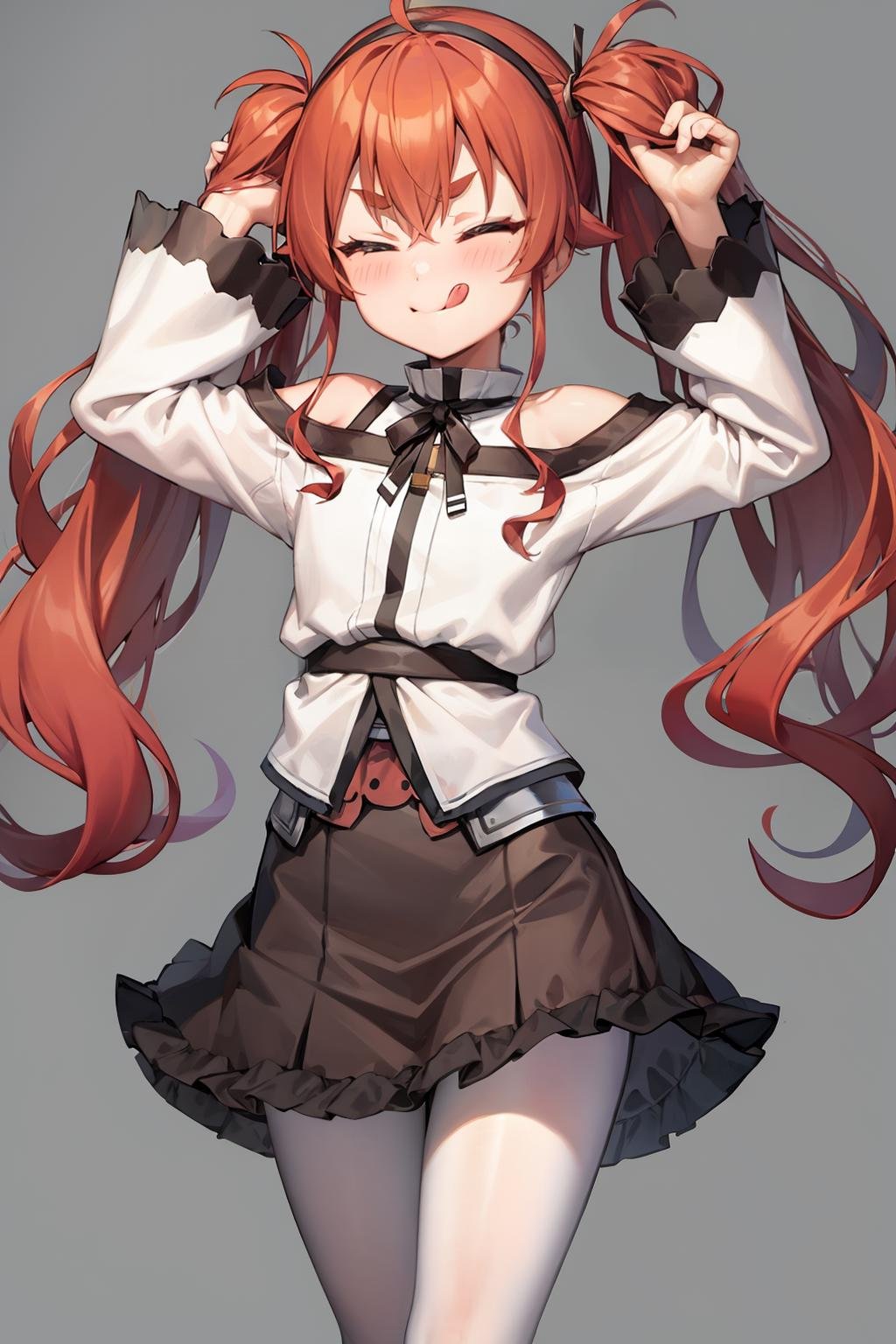 masterpiece, best quality,  <lora:eris:1>,erisc, 1girl, solo,holding, holding hair, pantyhose, skirt, long hair, one eye closed, twintails, ahoge, tongue, black skirt, hairband, white pantyhose, red hair, tongue out, black hairband, bangs, bunching hair, red eyes, black footwear, shirt, cowboy shot, long sleeves, hair between eyes, white shirt, grey background, jacket, smile, blush, standing, ;q, very long hair, white jacket, closed mouth, looking at viewer, arms up, frills, thick eyebrows, mary janes, bare shoulders, frilled skirt, v-shaped eyebrows, wide sleeves