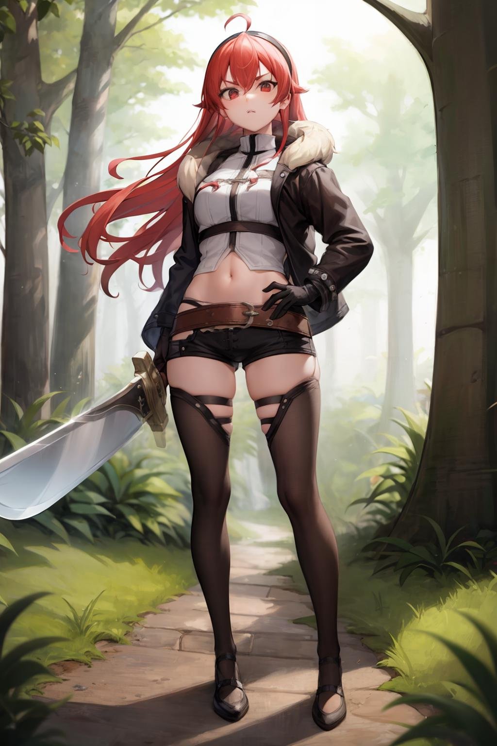 masterpiece, best quality,  <lora:eris:1>,erism,erism, 1girl, solo, long hair, weapon, aged up, red hair, ahoge, sword, navel, shorts, red eyes, full body, crossed bangs, breasts, hair between eyes, black hairband, sidelocks, midriff, bangs, standing, looking at viewer, hairband, simple background, shirt, fur trim, jacket, very long hair, white shirt, sheath, short shorts, gloves, long sleeves, holding, sheathed, floating hair, black shorts, black footwear, holding weapon, black jacket, fur-trimmed jacket, holding sword, black gloves, thick eyebrows, brown shorts, shoes, open clothes, thighhighs, closed mouth, open jacket, medium breasts, sparkle, crop top, belt,outdoors,day,forest