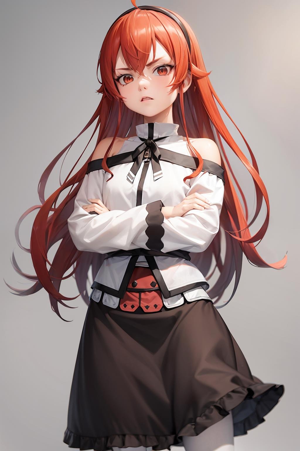 masterpiece, best quality,  <lora:eris:1>,erisc, 1girl,red hair,long hair,hairband,ahoge,red eyes,white shirt,bare shoulders, long sleeves,black skirt, frilled skirt,white pantyhose, crossed arms,angry,grey background, 