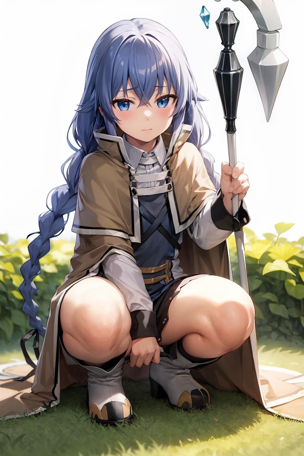 masterpiece, best quality, <lora:roxy:1>,roxy migurdia, 1girl, solo, blue eyes, blue hair, squatting, braid, long hair,ahoge, staff,  looking at viewer, white footwear, holding staff, hair between eyes, boots, closed mouth, brown cape, blush, holding, bangs, long sleeves, twin braids, full body, cape, very long hair, black ribbon, crossed bangs, hair ribbon, long braid, ribbon, black socks, socks, cloak, knee boots