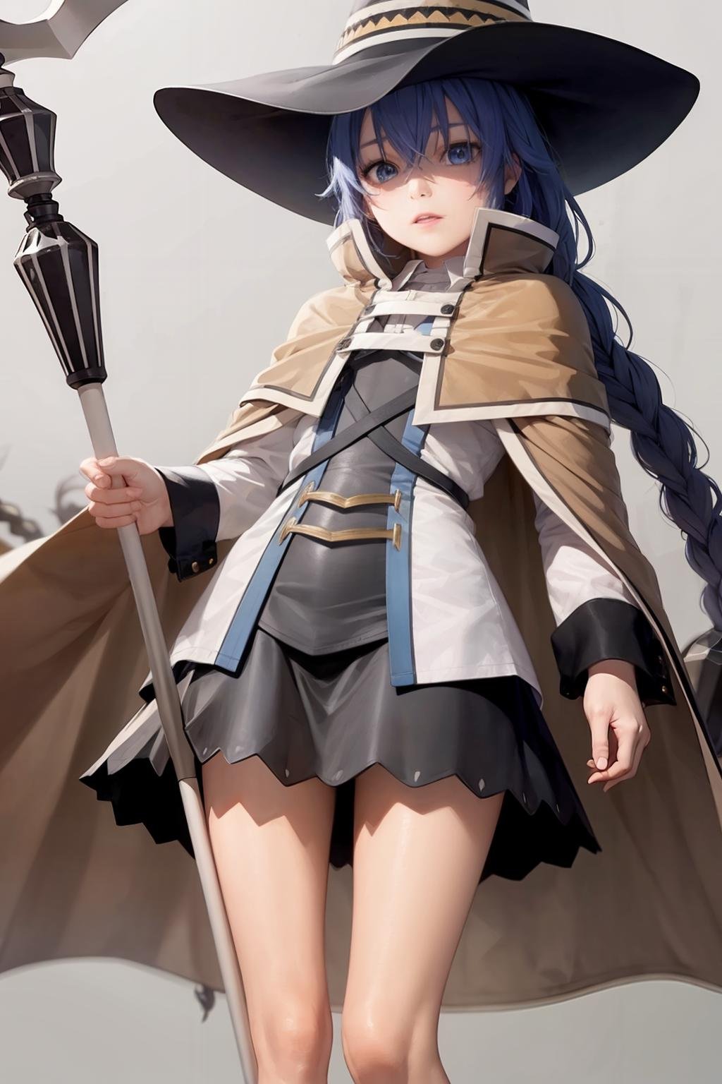 masterpiece, best quality, <lora:roxy:1>,1girl,witch hat,blue hair,very long hair,twin braid,hair ribbon,blue eyes,brown cape,long sleeves, black skirt,staff,holding staff, grey background, 