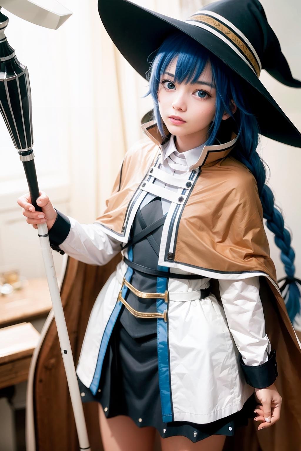 masterpiece, best quality, <lora:roxy:1>,1girl,witch hat,blue hair,very long hair,twin braid,hair ribbon,blue eyes,brown cape,long sleeves, black skirt,staff,holding staff,