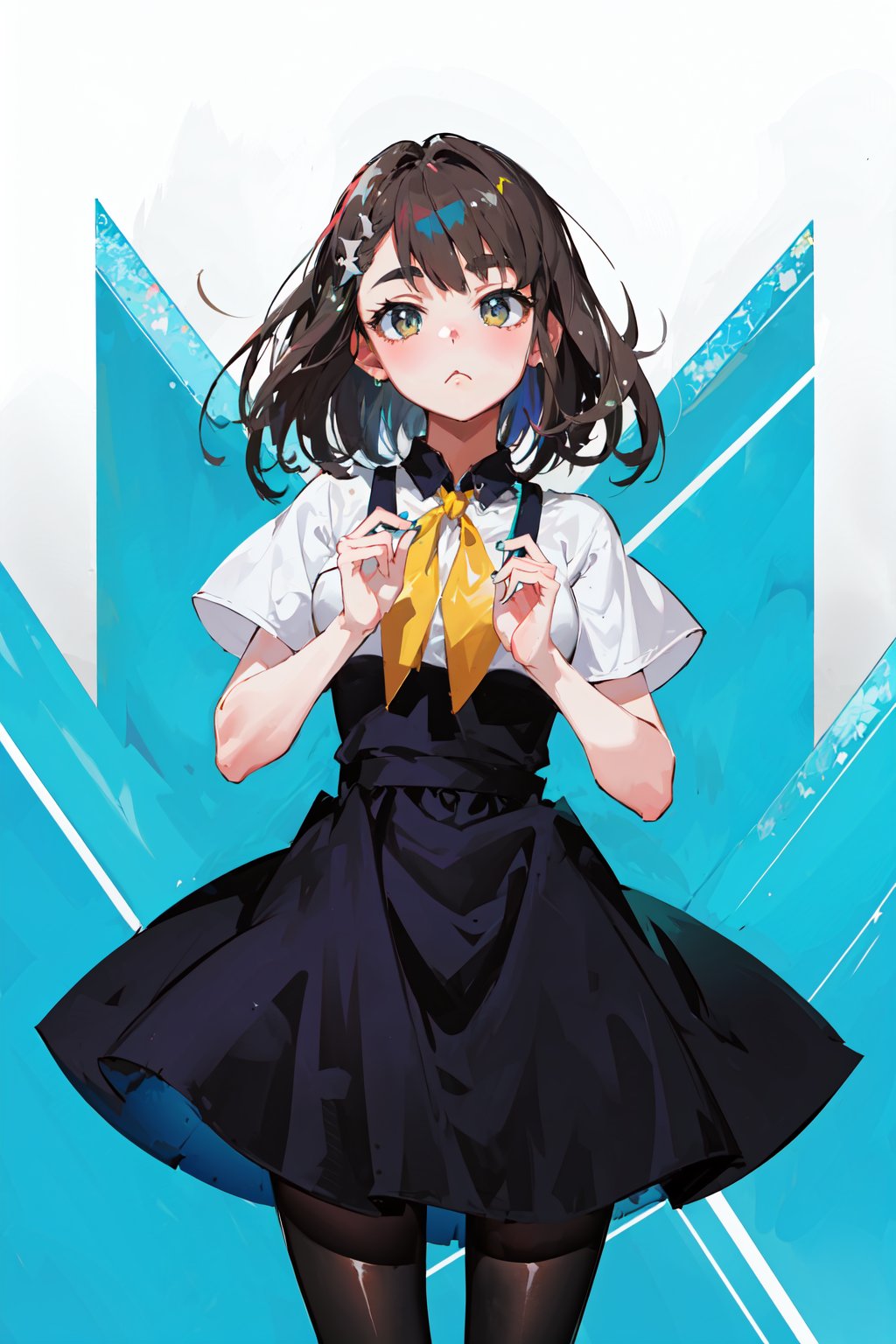 masterpiece,  best quality,  highest quality,  detailed background,  cowboy shot,  solo,  1girl,  ichinose hajime,  hands on waist,  looking at viewer,  hairclip,  school uniform,  :<,  short sleeves,  high-waist skirt,  pantyhose, <lora:EMS-57951-EMS:0.700000>