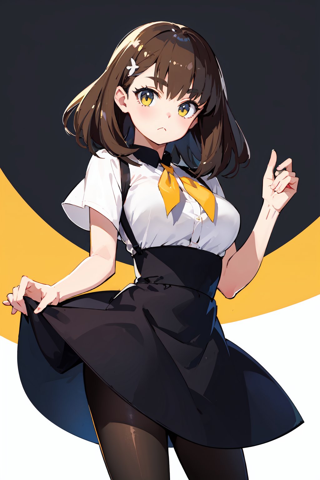 masterpiece,  best quality,  highest quality,  detailed background,  solo,  1girl,  ichinose hajime,  hands on waist,  looking at viewer,  hairclip,  school uniform,  :<,  short sleeves,  high-waist skirt,  pantyhose,  yellow neck ribbon, <lora:EMS-57951-EMS:0.700000>