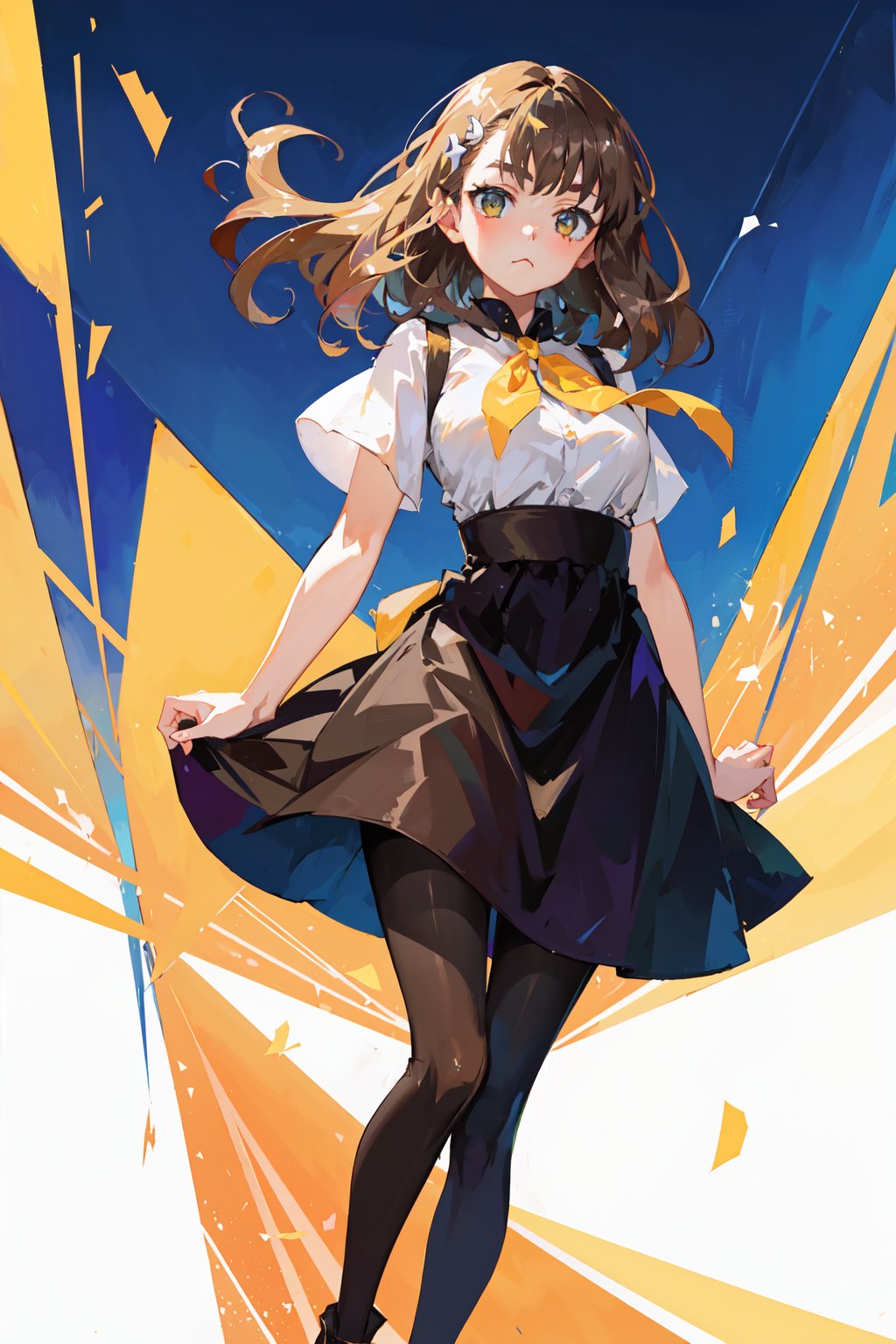 masterpiece,  best quality,  highest quality,  detailed background,  solo,  1girl,  ichinose hajime,  hands on waist,  looking at viewer,  hairclip,  school uniform,  :<,  short sleeves,  high-waist skirt,  pantyhose, <lora:EMS-57951-EMS:0.700000>