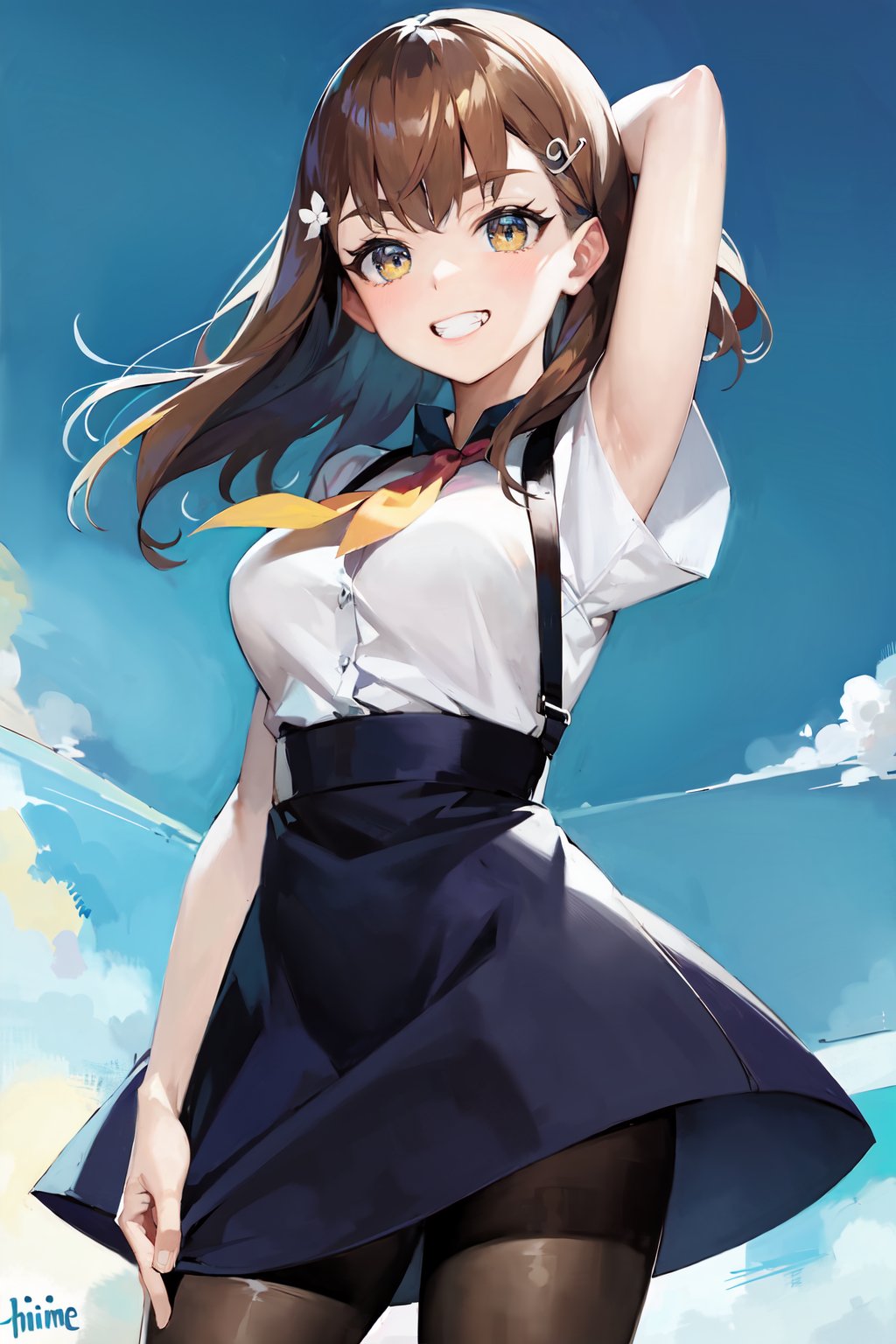 masterpiece,  best quality,  highest quality,  detailed background,  cowboy shot,  solo,  1girl,  ichinose hajime,  grin,  looking at viewer,  hand in own hair,  hairclip,  school uniform,  short sleeves,  high-waist skirt,  pantyhose, <lora:EMS-57951-EMS:0.700000>