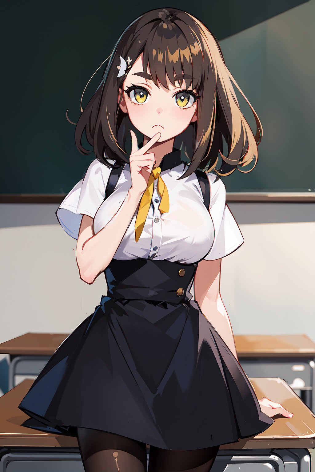 masterpiece,  best quality,  highest quality,  detailed background,  solo,  1girl,  ichinose hajime,  hands on waist,  looking at viewer,  hairclip,  school uniform,  :<,  short sleeves,  high-waist skirt,  pantyhose,  yellow neck ribbon,  classroom, <lora:EMS-57951-EMS:0.700000>