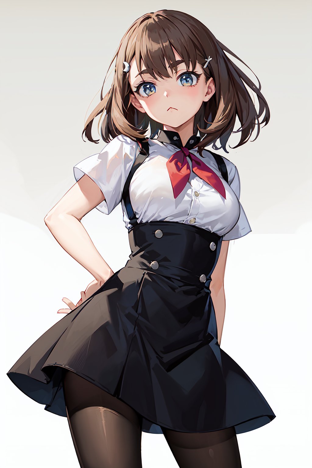 masterpiece,  best quality,  highest quality,  detailed background,  solo,  1girl,  ichinose hajime,  hands on waist,  looking at viewer,  hairclip,  school uniform,  :<,  short sleeves,  high-waist skirt,  pantyhose, <lora:EMS-57951-EMS:0.700000>