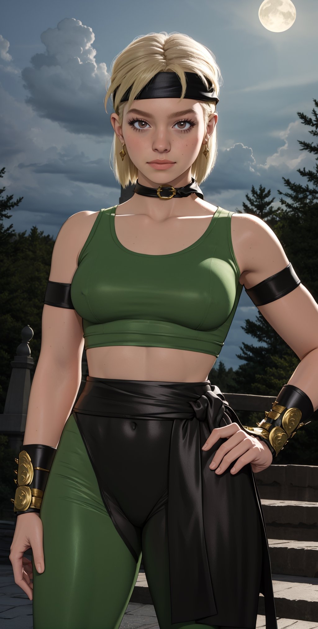 Sonyamk1, blonde hair, brown eyes, headband, green crop top, green pantyhose, black bracers, black sash, looking at viewer, serious, medium shot, 
standing, hands on hips, outside, night, extreme detail, masterpiece, beautiful quality,  