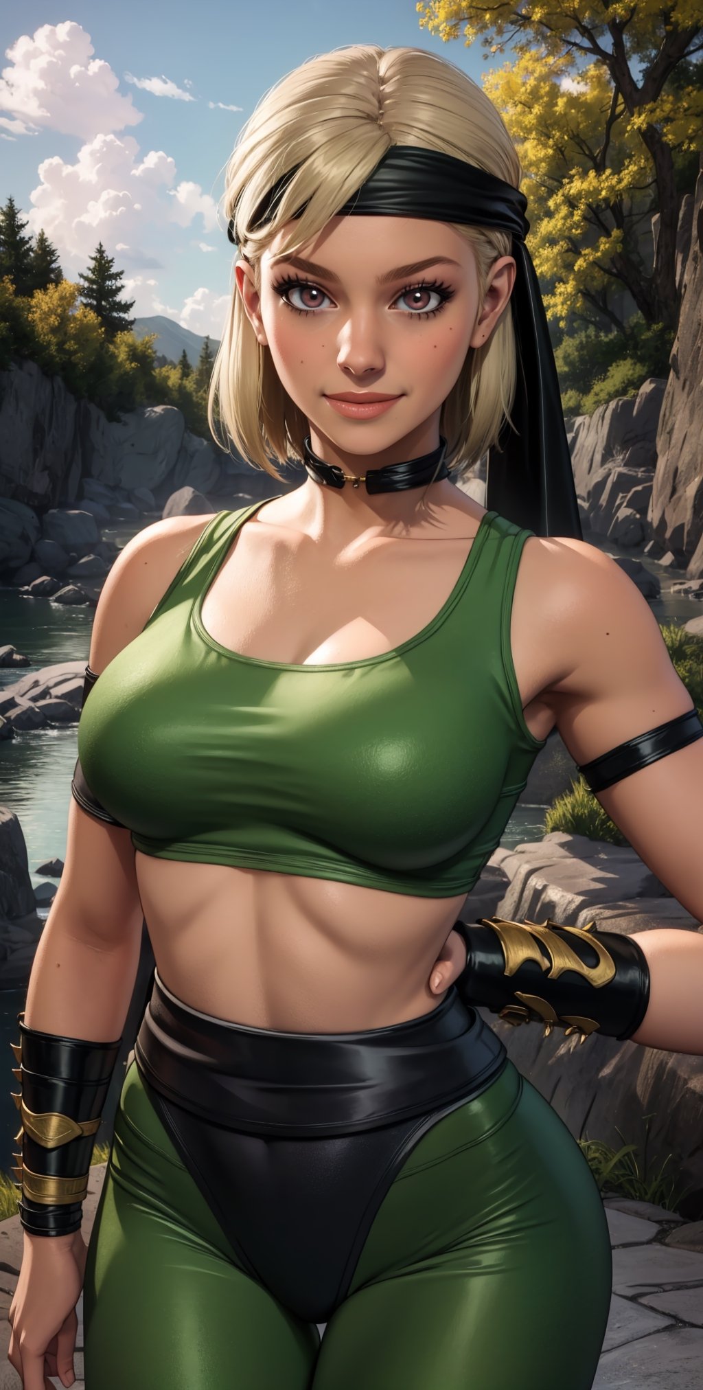 Sonyamk1, blonde hair, brown eyes,
headband, green crop top, green and black pantyhose, black bracers, 
upper body, standing, smile,  navel, 
 outdoors,  
(insanely detailed, beautiful detailed face, masterpiece, best quality)  