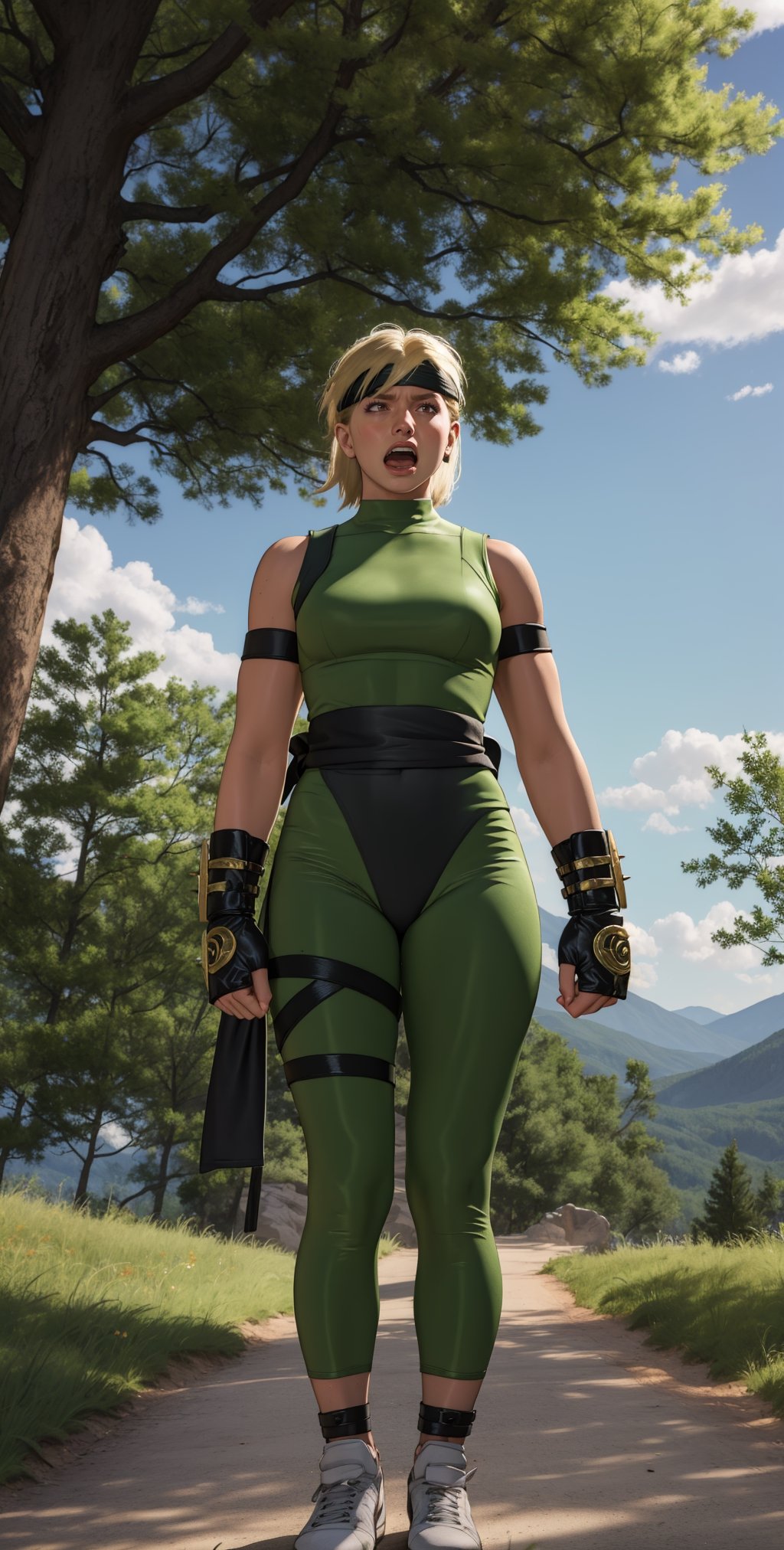 Sonyamk1, blonde hair, brown eyes, headband, black bracers,green crop top, green panyhose, black sash, white shoes, looking intense, angry, mouth open, yelling, 
dynamic shot, punching, uppercut, from_below, outside, mountains, trees, blue sky, extreme detail, hdr, beautiful quality, 