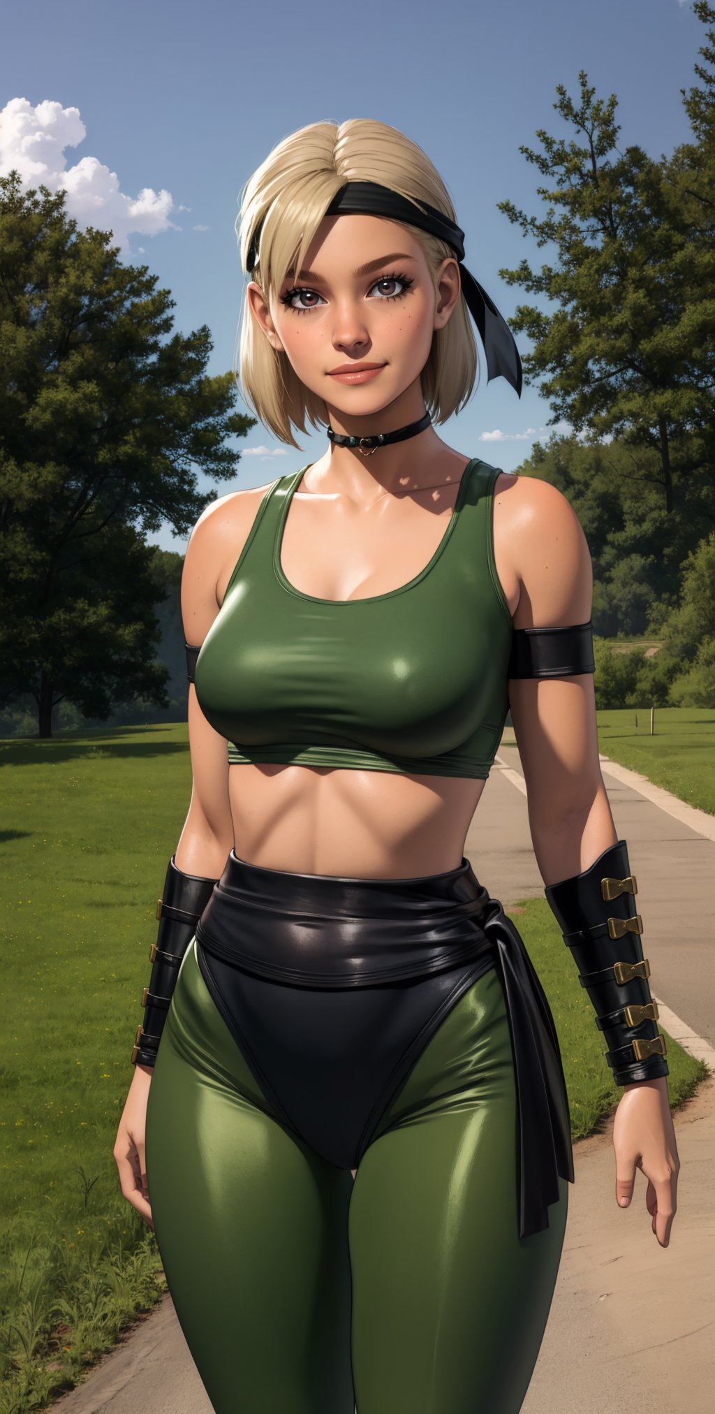 Sonyamk1, blonde hair, brown eyes,
headband, green crop top, green and black pantyhose, black bracers, 
upper body, standing, smile, 
 outdoors,  
(insanely detailed, beautiful detailed face, masterpiece, best quality)  