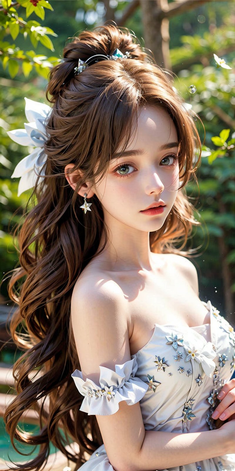  1girl,Fairyland Collection Dark Fairy Witch Spirit Forest with Magic Ball On Crystal Stone Figurine, 
(1girl:1.2),stars in the eyes,(pure girl:1.1),(white dress:1.1),(full body:0.6),There are many scattered luminous petals,bubble,contour deepening,(white_background:1.1),cinematic angle,,underwater,adhesion,green long upper shan, 21yo girl, , eluosi, ((poakl))