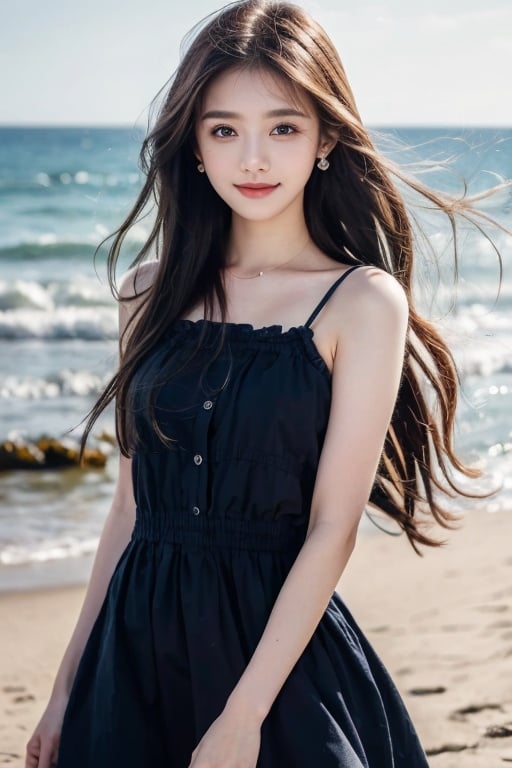  Seaside Beach,HDR,UHD,8K,Highly detailed,best quality,masterpiece,1girl,realistic,Highly detailed,(EOS R8,50mm,F1.2,8K,RAW photo:1.2),ultra realistic 8k cg,earrings, solo, 1girl, , long hair, Wind, flowing hair, kind smile, , pose for picture, , looking_at_viewer, , perfect body, , blue dress, jewelry,eluosi