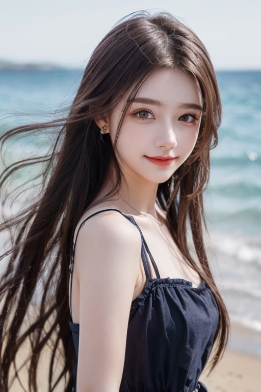  Seaside Beach,HDR,UHD,8K,Highly detailed,best quality,masterpiece,1girl,realistic,Highly detailed,(EOS R8,50mm,F1.2,8K,RAW photo:1.2),ultra realistic 8k cg,earrings, solo, 1girl, , long hair, Wind, flowing hair, kind smile, , pose for picture, , looking_at_viewer, , perfect body, , blue dress, jewelry,eluosi